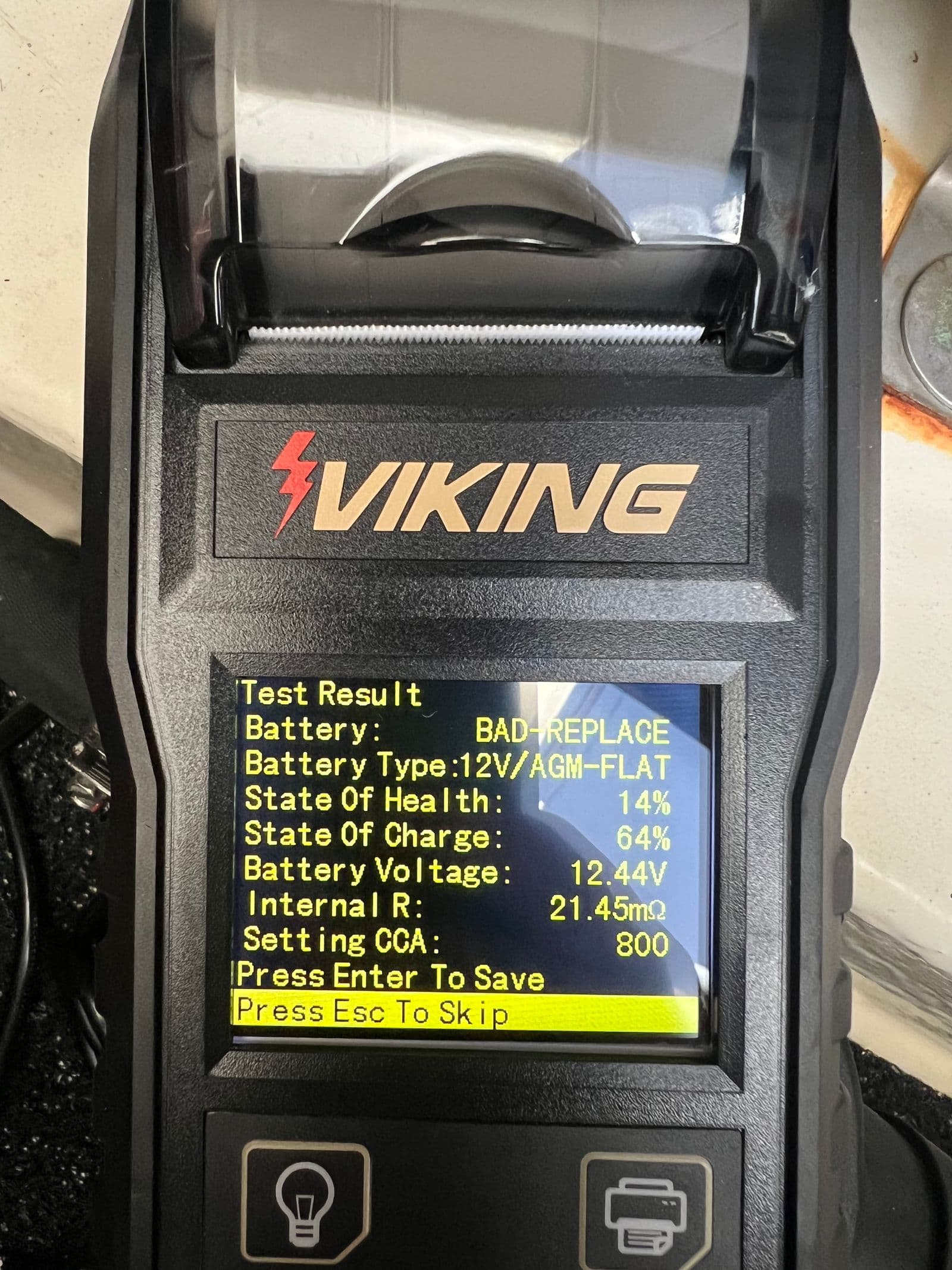 Viking battery tester showing BAD-REPLACE result on second battery with 14 percent state of health