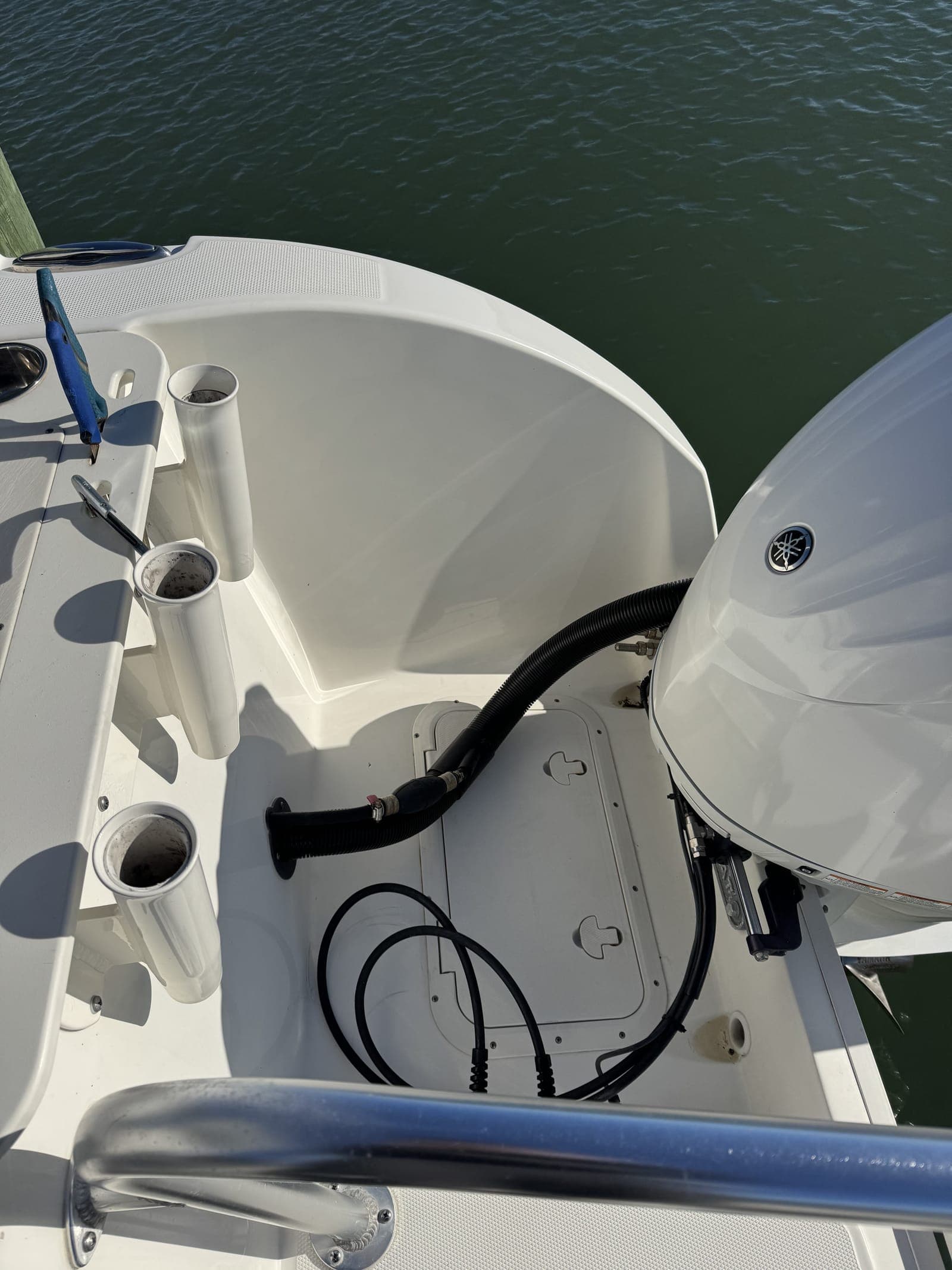 Stern compartment after a Mobile Marina full detail — deep clean of access panels and rigging tubes that most shops bill separately as add-ons